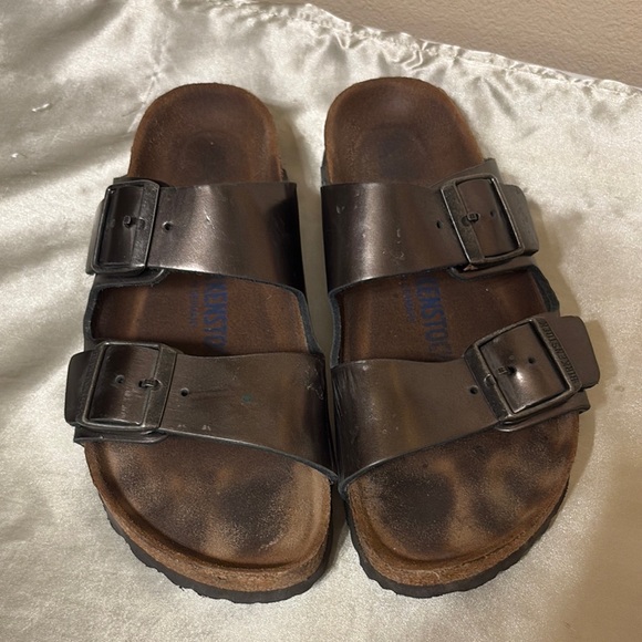 Birkenstock Shoes - Birkenstock Chocolate Brown Metallic Slide Sandals